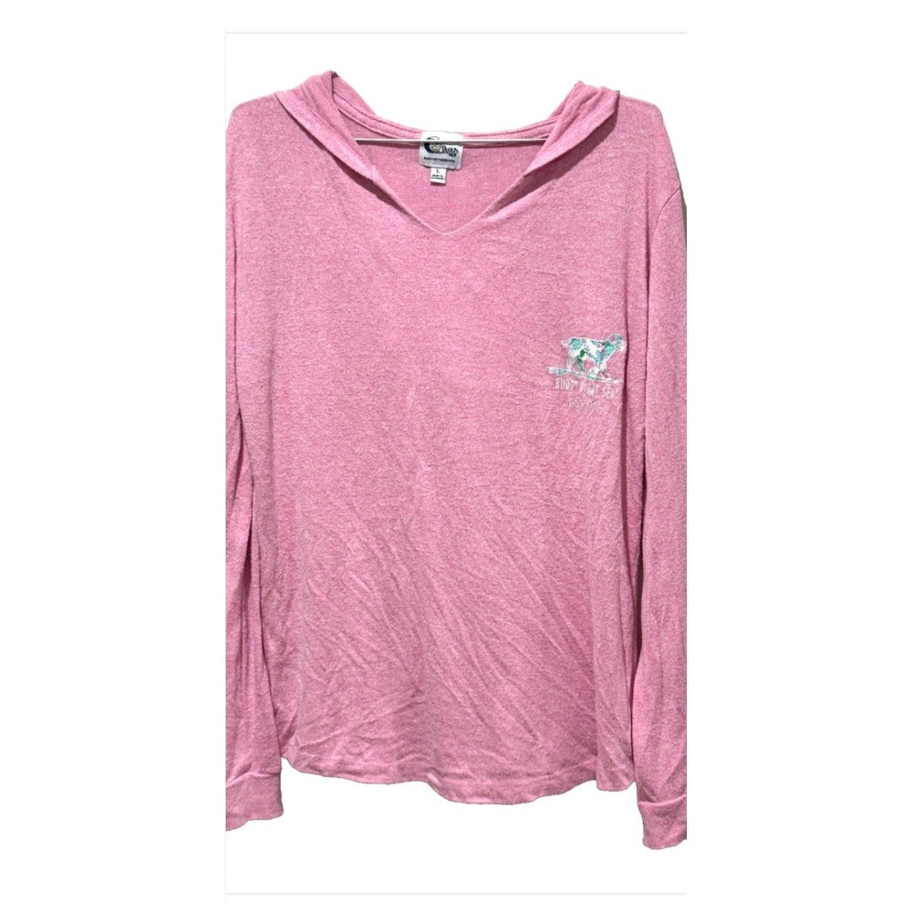 Buddy by the Sea Hoodie Large Pink Dog Surfboard Graphic V-Neck Thumbholes Beach